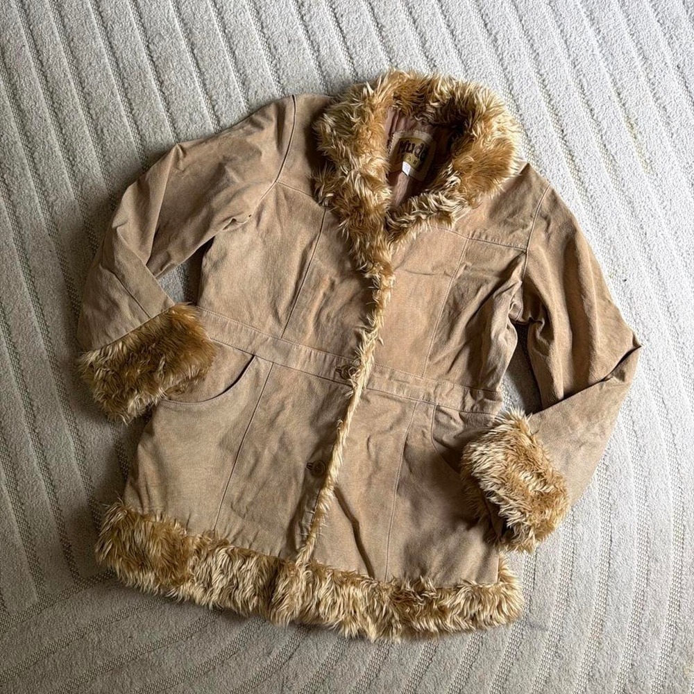 VTG Y2K Mudd Tan & brown faux fur jacket XL Chic Boho Hippie Indie Feminine